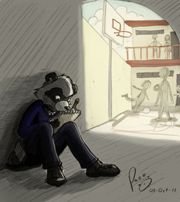anthro basketball_hoop black_body black_bottomwear black_clothing black_fur black_pants blue_clothing blue_topwear bottomwear cheek_tuft clothed clothing day facial_markings facial_tuft fur glistening glistening_eyes glistening_nose grey_body grey_fur group head_markings head_tuft holding_notebook logo male male_anthro markings mask_(marking) pants silhouette sitting solo_focus standing striped_markings striped_tail stripes tail tail_markings topwear tuft young young_anthro young_male pandapaco art_(pandapaco) mammal procyonid raccoon 2011 artist_logo dated hi_res signature