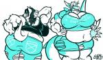 anthro big_breasts breasts clothing dreadlocks duo female flexing huge_breasts looking_at_viewer musclegut muscular muscular_female nipple_outline obese obese_female overweight overweight_female smile standing torn_clothing eda canid canine fish mammal marine shark monochrome