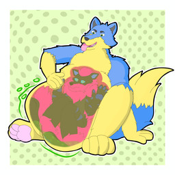 abdominal_bulge anthro belly belly_inflation belly_overhang blue_body bodily_fluids duo inflation male male/male oral_vore paws rumbling_stomach saliva saliva_on_tongue vore liam_98 canid canine canis humanoid mammal wolf 1:1 absurd_res hi_res