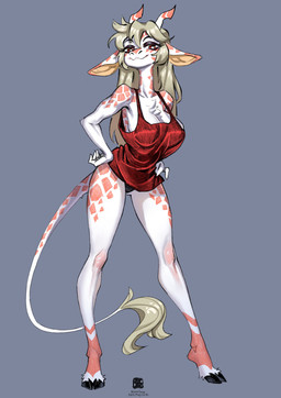 anthro blonde_hair breasts camisole chest_tuft cleavage clothed clothing female female_anthro grey_background hair hand_on_hip hand_on_own_hip hooves horn long_hair long_neck long_tail looking_at_viewer markings ossicone panties red_camisole red_clothing red_eyes red_panties red_topwear red_underwear simple_background solo tail tan_markings text topwear tuft underwear unguligrade white_body bleedglaze giraffe giraffid mammal 2025 absurd_res artist_name dated hi_res signature