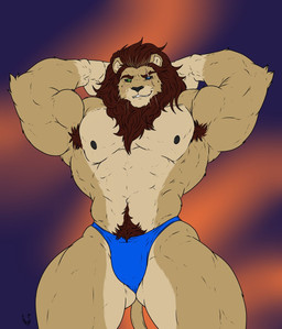 abs anthro armpit_hair blue_eyes body_hair brown_hair clothing eye_scar facial_scar flexing flexing_bicep flexing_muscles green_eyes hair heterochromia male mane mane_hair muscular muscular_anthro muscular_arms muscular_male muscular_thighs nipples pecs pubes scar solo tail thong underwear hunterramirez felid lion mammal pantherine hi_res