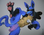 3_toes 5_fingers abs anthro athletic athletic_anthro athletic_male balls big_penis blue_balls blue_body blue_fur bodily_fluids claws feet fingers flaccid foot_focus foreskin fur genital_fluids genitals glans glistening glistening_body hair hindpaw humanoid_genitalia humanoid_penis leaking looking_at_viewer lying male nude on_side open_mouth pawpads paws penis pink_glans pink_pawpads pink_penis precum raised_leg simple_background soles solo spread_legs spreading tail toe_claws toes darkgem nintendo pokemon canid canine canis generation_4_pokemon lucario mammal pokemon_(species) 2020 digital_media_(artwork)