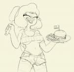 5_fingers anthro bottomwear breasts burger cleavage clothed clothing eyes_closed female fingers food food_tray fries hair holidays mature_anthro mature_female midriff non-mammal_breasts open_mouth short_hair shorts skimpy smile solo standing thong under_boob underwear drockdraw 4th_of_july cartoon_network regular_show hilary_(regular_show) avian bird 2018 digital_media_(artwork) hi_res monochrome sketch