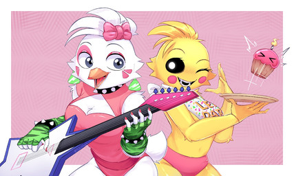 anthro anthrofied beakless black_eyes blonde_hair blue_eyes breasts colored_nails duo ear_piercing ear_ring electric_guitar female guitar hair lipstick makeup musical_instrument nails non-mammal_breasts one_eye_closed piercing plucked_string_instrument ring_piercing smile string_instrument white_hair wink pokithekat five_nights_at_freddy's five_nights_at_freddy's:_security_breach five_nights_at_freddy's_2 scottgames steel_wool_studios cupcake_(fnaf) glamrock_chica toy_chica_(fnaf) avian bird chicken galliform phasianid 2022 hi_res