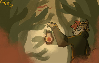 ambiguous_gender anthro clothed clothing fog forest forest_background hair holding_object hoodie lamp lantern nature nature_background plant red_hair solo standing topwear tree tinymantas canid canine mammal character_request restricted_palette watermark male_(lore)