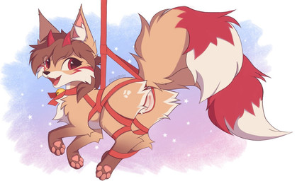 2_tails anus bound female feral fur genitals hair horn humanoid_genitalia humanoid_genitalia_on_feral humanoid_vulva humanoid_vulva_on_feral inner_ear_fluff legs_tied multi_tail nude open_mouth pawpads paws red_eyes red_horn smile solo suspension tail tuft vulva verlista digital_drawing_(artwork) digital_media_(artwork) watermark