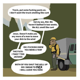 ambiguous_gender anthro argument armor axe blurred_background border bottomwear brown_body brown_clothing brown_footwear brown_shoes clothing dialogue facepalm footwear fur green_bottomwear green_clothing green_pants hard_hat hat headgear headwear helmet jacket light_truck offscreen_character orange_eyes outside pants pickup_truck profanity shoes solo speech_bubble tan_body tan_fur text tool_belt topwear truck vehicle white_border yellow_clothing yellow_hat yellow_headwear yellow_jacket_(clothing) yellow_topwear oystr united_states_forest_service lily_(oystr) canid canine canis domestic_dog hunting_dog mammal sighthound 1:1 english_text hi_res