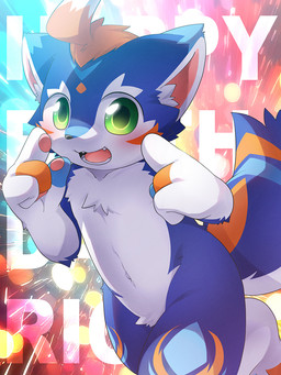 4_fingers abstract_background anthro birthday black_nose blue_body blue_fur blush blushing_at_viewer chest_tuft cute_fangs fangs fingers fluffy fluffy_tail fur gesture glistening glistening_eyes green_eyes hand_gesture happy_birthday kemono looking_at_viewer male male_anthro multicolored_body multicolored_fur navel open_mouth open_smile orange_body orange_fur pointing pointing_at_self smile smiling_at_viewer solo tail teeth text tuft white_body white_fur ko-gami production_taiikukan lion_(fw_rion) ambiguous_species mammal 2024 3:4 cel_shading digital_drawing_(artwork) digital_media_(artwork) english_text hi_res portrait shaded three-quarter_portrait