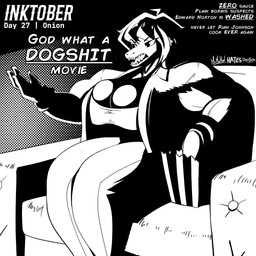 anthro big_breasts breasts clothed clothing eyebrows female female_anthro fingers hair huge_breasts muscular muscular_anthro muscular_female non-mammal_breasts open_mouth popcorn_bag profanity sharp_teeth sitting solo teeth text mrmelted deltarune inktober undertale_(series) susie_(deltarune) scalie 1:1 2025 absurd_res artist_name english_text hi_res monochrome