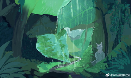 anthro blue_eyes clothed clothing creek front_view fur hoodie leaf male male_anthro mouth_closed outside plant raining shrub solo tail text topwear tree weibo_logo white_body white_ears white_fur white_tail awaldkize weibo canid canine mammal absurd_res artist_name hi_res