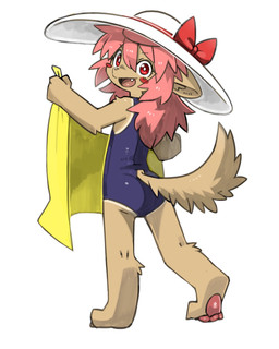 anthro biped blush blush_stickers bow_ribbon brown_body brown_fur clothed clothed_anthro clothed_female clothing fangs female fully_clothed fully_clothed_anthro fully_clothed_female fur hair one-piece_swimsuit open_mouth open_smile pink_hair plantigrade pose red_eyes simple_background slim slim_anthro slim_female smile solo swimwear teeth three-quarter_view towel white_background wide_brim_hat pizademokttero canid canine canis domestic_dog mammal 2025 4:5 absurd_res digital_drawing_(artwork) digital_media_(artwork) hi_res