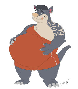 anthro arm_tattoo barefoot belly big_belly black_body black_fur chest_tuft claws clothed clothing ear_piercing eyebrow_piercing facial_piercing feet fur hair hand_on_belly hand_on_own_belly looking_at_own_belly looking_down looking_down_at_self male musclegut muscular muscular_anthro muscular_male overweight overweight_anthro overweight_male piercing simple_background solo sportswear standing tail tattoo teeth teeth_showing thick_thighs tongue tongue_out tuft wardrobe_malfunction white_background wrestler wrestler_costume wrestling_outfit canson kotarocat domestic_cat felid feline felis mammal absurd_res digital_media_(artwork) english_description hi_res story story_in_description