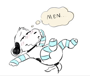 blush clothing feral footwear legwear male pattern_clothing socks solo striped_clothing stripes tail tail_motion tailwag thigh_highs thigh_socks thought_bubble freakpaws peanuts_(comic) snoopy canid canine mammal hi_res