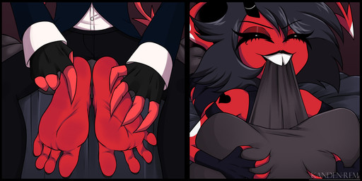 barefoot duo feet female foot_focus hair husband_and_wife male married_couple red_body soles spade_tail tail tickling tickling_feet toes kandenrem hellaverse helluva_boss millie_(helluva_boss) moxxie_(helluva_boss) demon 2:1 absurd_res comic hi_res