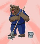 anthro belt black_lips brown_body brown_fur bucket claws cleaning_tool container fur janitor lips male mop open_mouth solo teeth tongue yellow_teeth coksi bear mammal absurd_res hi_res