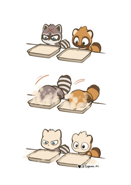 black_eyes blue_eyes brown_body brown_fur chibi duo feral fur grey_body grey_fur kemono scar tagawa_mi canid canine mammal procyonid raccoon raccoon_dog tanuki 2021 hi_res