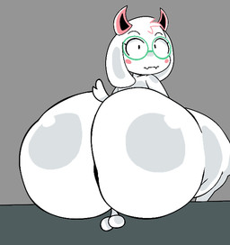 anthro backsack balls big_butt blush blush_stickers butt eyewear fangs floppy_ears fur genitals glasses horn huge_butt huge_thighs looking_at_viewer looking_back male nude sitting small_balls solo teeth thick_thighs white_body white_fur furu_flami deltarune undertale_(series) ralsei bovid caprine darkner goat mammal hi_res