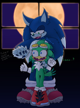 anthro beak blue_body blue_eyes blue_fur blush bodily_fluids claws clothing dialogue duo ear_piercing eyeshadow eyewear eyewear_on_head fangs feathers fluffy fluffy_chest flustered fur gloves goggles goggles_on_head grabbing_from_behind green_body green_eyes green_feathers hand_on_shoulder handwear makeup male moon night painted_claws piercing scared shaking shows spikes sweat teeth text white_body white_feathers white_fur wide_eyed window yellow_beak cookie-pone sega sonic_riders sonic_the_hedgehog_(series) sonic_unleashed jet_the_hawk sonic_the_hedgehog sonic_the_werehog accipitrid accipitriform avian bird eulipotyphlan hedgehog mammal werecreature wereeulipotyphlan werehog english_text hi_res