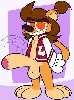 3_toes 4_fingers anthro balls big_feet big_grin big_penis cartoon_gloves clothing feet fingers genitals huge_penis humanoid_genitalia humanoid_penis hyper hyper_genitalia hyper_penis jacket letterman_jacket male paws penis solo tail toes toony topwear conditional_dnp sr-g liam_(tamerkoh) felid lion mammal pantherine digital_media_(artwork) hi_res