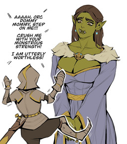 armor blue_clothing blue_dress brown_eyes clothing collarbone dress duo female height knight looking_at_another male male/female mommy_kink not_furry pointy_ears simple_background standing tusks warrior ykshelter humanoid orc hi_res