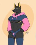 anthro biceps black_body bulge clothed clothing cute_fangs fangs male muscular nipples partially_clothed pecs simple_background solo teeth bztian adastra adastra_(series) echo_project meme_clothing paggi_outfit neferu_(adastra) anubian_jackal canid canine canis jackal mammal hi_res meme