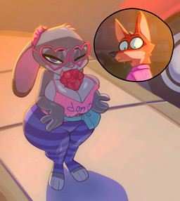 anthro between_breasts big_breasts biped bottom_heavy bottomwear breast_squish breasts cleavage clothed clothing duo eyewear female female_anthro food fur glasses green_eyes grey_body grey_fur heart_glasses heart_sunglasses huge_breasts huge_hips huge_thighs licking male male_anthro one_eye_closed orange_body orange_fur pawpsicle popsicle pupils purple_eyes shadow shortstack shortstack_female smile squish suggestive suggestive_food thick_thighs tongue tongue_out topwear wide_hips wink bigdad disney zootopia judy_hopps nick_wilde canid canine european_rabbit fox lagomorph leporid mammal oryctolagus rabbit red_fox true_fox 2026