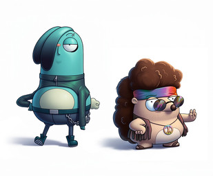 accessory afro alternative_fashion anthro chain clothing cotton_tail duo eyebrow_piercing eyewear facial_hair facial_piercing gesture hand_gesture headband hippie male overweight piercing sunglasses topwear v_sign vest young gugleamo disney kiff_(series) barry_buns trevor_angstrom eulipotyphlan hedgehog lagomorph leporid mammal rabbit