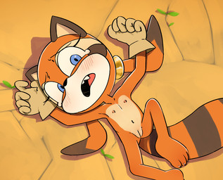 4_toes 5_fingers anthro belly blue_eyes blush bodily_fluids clothing eyebrows fangs feet female female_anthro fingers flat_chested genitals gloves gloves_only handwear handwear_only innie_vulva looking_at_viewer lying markings mostly_nude navel nipples on_back open_mouth orange_body raised_inner_eyebrows ring_(marking) ringed_tail scared solo striped_markings striped_tail stripes tail tail_markings tears teary_eyes teeth toes vulva young young_anthro young_female sock-eater sega sonic_the_hedgehog_(series) marine_the_raccoon mammal procyonid raccoon 2025 digital_media_(artwork) source_request unavailable_at_source