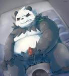 anthro balls belly biped blush bodily_fluids cum cum_on_hand ejaculation genital_fluids genitals humanoid_hands leaf male masturbation moobs overweight overweight_anthro overweight_male penile penile_masturbation penis sitting solo avoid_posting wanisuke nintendo pokemon generation_6_pokemon mammal pangoro pokemon_(species) 2019 hi_res