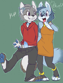anthro blue_body blue_fur blue_hair blue_penis bottomwear bottomwear_down bracelet breasts clothed clothing dress duo erection female fox_tail fur genitals grey_body grey_fur hair hoodie jewelry leggings legwear male male_focus open_mouth pants pants_down partially_clothed penis shirt simple_background tail text topwear reign-2004 jezzelle_(reign-2004) maxwell_(reign-2004) canid canine fox mammal 2015 digital_media_(artwork) english_text hi_res