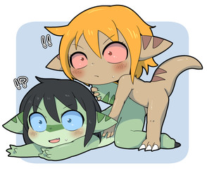 anthro black_hair blonde_hair blush bodily_fluids brown_body duo green_body hair hug interrobang lying male nude on_front on_top raised_tail simple_background surprised sweat tail young young_anthro young_male young_on_young doneru clive_(doneru) tany_(doneru) bamfear hi_res adult_(lore)