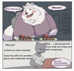 anthro black_body black_fur blush cake clothing dessert duo food fur kemono male overweight overweight_male shirt text topwear white_body white_fur 00murice canid canine canis domestic_cat domestic_dog felid feline felis mammal 2021 comic english_text hi_res