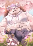 anthro belly big_belly bottomwear clothing duo eyes_closed hoodie kemono lying male overweight overweight_male pants plant shirt sitting sleeping topwear tree ptcmtr lifewonders tokyo_afterschool_summoners behemoth_(tas) chubby_protagonist_(tas) protagonist_(tas) human mammal 2021 absurd_res hi_res