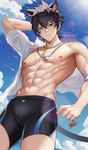 5_fingers abs biped black_hair blue_eyes bulge clothed clothing cloud cloudy_sky day duo feral fingers hair heterochromia human_and_animal_ears light light_beam looking_at_viewer looking_down looking_down_at_viewer low-angle_view male multi_ear muscular muscular_humanoid muscular_male pecs sky sky_background sun sunbeam sunlight swimwear tail nemuimori animal_humanoid arthropod cat_humanoid crab crustacean decapoda felid felid_humanoid feline feline_humanoid humanoid malacostracan mammal mammal_humanoid marine tailed_humanoid 2023 hi_res