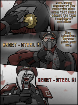 3_panel_comic armor award award_ceremony big_breasts bodily_fluids breasts cleavage_cutout clothing cutout cybernetics dialogue duo eye_through_hair female gesture hair hair_over_eye happy hat headgear headwear long_hair machine male medal military military_cap military_uniform motto not_furry open_mouth open_smile proud red_clothing red_eyes salute smile soldier tears text translucent translucent_hair uniform warrior white_hair zzzhadozzz helldivers fan_character metra_(zzzhadozzz) radical_(helldivers) trooper_(helldivers) android automaton cyborg human humanoid mammal robot robot_humanoid 2026 3:4 comic english_text hi_res