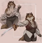 angry anthro bottomwear breasts brown_body brown_fur brown_hair clothing ear_piercing ear_ring female fur hair holding_melee_weapon holding_object holding_sword holding_weapon holding_wine_glass melee_weapon nipples pants piercing ring_piercing smile solo sword tail weapon niochem canid mammal 2024 hi_res