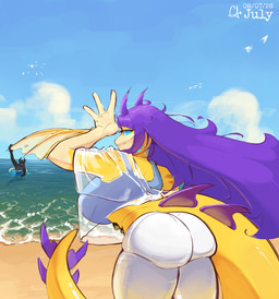anthro beach bottomwear breasts clothing female gesture hair latex latex_bottomwear latex_clothing latex_pants long_hair long_tail pants sea swimming tail water waving radspie capcom monster_hunter somny_(aquarax) leviathan_(mh) somnacanth absurd_res hi_res