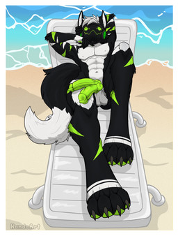 2_knots 2_penises abs animal_genitalia anthro balls beach bodily_fluids butt diphallism dripping genital_fluids genitals green_penis knot knotted_penis machine male multi_erection multi_genitalia multi_penis nude_beach pawpads paws penis presenting presenting_balls sheath solo sun_lounger vertical_diphallism handoart bing_(toaster_bing) protogen absurd_res hi_res huge_filesize