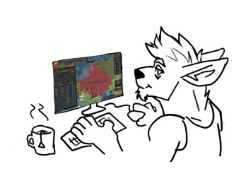 anthro beverage chin_tuft closed_smile clothed clothing computer_keyboard computer_mouse container cup ears_back electronics facial_tuft gaming hair male male_anthro monitor mouth_closed mug narrowed_eyes pivoted_ears playing_video_game short_hair smile solo tea tuft solaxe_(artist) solaxe kangaroo macropod mammal marsupial 4:3 sketch