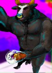 anthro balls barazoku black_body black_bull black_fur bottle bottle_insertion container ejaculation erection fur genitals male masturbation musclegut muscular overweight pecs solo standing 20secondstoshame curtis bovid bovine cattle mammal hi_res