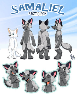 adolescent anthro arm_tuft black_ears black_nose cheek_tuft closed_smile facial_tuft fangs featureless_crotch front_view fur grey_body grey_fur grey_tail head_tuft logo male male_anthro mouth_closed narrowed_eyes navel nude open_mouth open_smile orange_eyes rear_view red_tongue shoulder_tuft side_view simple_background smile solo standing tail teeth tongue tuft white_body white_fur young young_anthro young_male pandapaco arctic_fox canid canine fox mammal true_fox artist_logo model_sheet signature