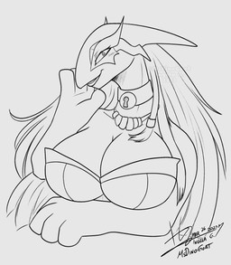 4_fingers anthro big_breasts breasts clothing collar female fingers hair jewelry long_hair long_neck mask necklace smile smiling_at_viewer snout solo topwear wavy_hair dinogoat nintendo pokemon ryqua generation_2_pokemon legendary_pokemon lugia pokemon_(species) 2023 black_and_white dated half-length_portrait hi_res line_art monochrome portrait shaded signature