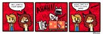 3_panel_comic anthro blood bodily_fluids clothing dark_humor dialogue female freckles frown group humor imminent_death implied_violence magic_trick offscreen_death onomatopoeia open_mouth overalls saw screaming sharp_teeth shocked smile sound_effects speech_bubble teeth text tools rafvicalv canid canine fox mammal red_fox true_fox 3:1 comic english_text