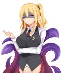 arm_under_breasts big_breasts black_clothing black_topwear black_vest blonde_hair blue_eyes breasts button_(fastener) clothing collared_shirt eyebrow_through_hair eyebrows female game_cg hair hair_between_eyes half-closed_eyes long_hair long_sleeves looking_at_viewer monster_girl_(genre) narrowed_eyes necktie ponytail raised_hand shaded_face shadowed_eyes shirt side_ponytail sidelocks simple_background solo standing suction_cup tentacles topwear translucent translucent_hair vest white_background white_clothing white_shirt white_topwear dinosaurus_(azimangasaurus) existence nell_(existence) animal_humanoid cephalopod cephalopod_humanoid human humanoid mammal marine marine_humanoid mollusk mollusk_humanoid octopus_humanoid 5:6 absurd_res hi_res