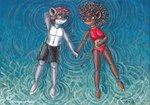 afro anthro black_clothing black_nose black_swimwear blush blush_lines brown_body brown_eyes brown_fur brown_hair clothing duo eye_contact female floating fur green_eyes grey_body hair hand_holding hand_on_belly high-angle_view looking_at_another male male/female mouse_tail red_clothing red_hair red_swimwear romantic sea seaside smile smiley_face swimwear water white_body lepetithelvete geronimo_stilton_(series) thea_sisters pamela_(thea_sisters) vik_de_vissen_(thea_sisters) mammal mouse murid murine rat rodent