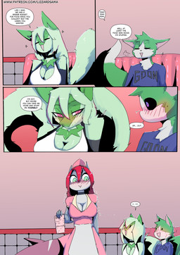 anthro big_breasts black_sclera blue_eyes blush blush_lines breasts choker clothed clothed_anthro clothed_female clothed_male clothing dark_sclera dialogue female fluffy fluffy_tail fur green_body green_eyes grey_body group hair jewelry male male/female multicolored_body multicolored_fur necklace pink_eyes red_hair simple_background smile speech_bubble tail text trio two_tone_body two_tone_fur waiter white_body white_fur lizzard_sama nintendo pokemon lily_(katson) serena_(kai_the-shark) shadow_(katson) aquatic domestic_cat felid feline felis fish generation_9_pokemon mammal pokemon_(species) shark sprigatito 2026 absurd_res comic english_text hi_res url brother_(lore) brother_and_sister_(lore) sibling_(lore) sister_(lore)