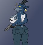 anthro belt big_breasts big_butt blue_body blue_fur bottomwear breasts butt clothing crop_top denim denim_bottomwear denim_clothing ear_piercing ear_tag emanata female fingers fur gun handgun holding_gun holding_object holding_ranged_weapon holding_weapon hooved_fingers hooves horizontal_pupils horn jeans looking_at_viewer looking_back muscular muscular_anthro muscular_female pants piercing pistol pupils ranged_weapon scut_tail shirt short_tail side_boob solo tail text text_on_clothing text_on_topwear topwear weapon yellow_eyes stinkgoat coffee_stain_studios epic_games fortnite goat_simulator pilgor_(goat_simulator) bovid caprine goat mammal 2024 hi_res