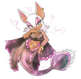alternate_species anthro big_ears blue_eyes bracelet breasts brown_body brown_skin bubble cleavage cleavage_cutout clothed clothing cutout ear_piercing eyeshadow female fin fish_tail fur heart_bubble heart_symbol jewelry legless lipstick makeup mermaid_tail mermaidification narrowed_eyes navel piercing ring simple_background solo speech_bubble split_form tail tail_fin text white_background white_body white_fur dreamfulblue sega sonic_the_hedgehog_(series) rouge_the_bat aquatic bat hybrid mammal merfolk 2023 english_text hi_res