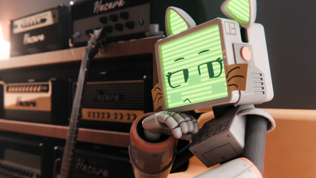 5-string_bass_guitar :< anthro arm_support bass_guitar blurred_background bored cable_tail electrical_plug_tail electronics fake_whiskers female for_a_head furniture green_face green_inner_ear grey_body guitar hand_on_chin inside leaning_on_elbow looking_at_viewer machine musical_instrument name_tag noseless plucked_string_instrument post-it_note recording_studio screen screen_face shelf sitting sofa solo string_instrument studio tail tail_motion text fuch! pur_03 domestic_cat felid feline felis mammal object_head robot robot_anthro screen_head 16:9 2025 3d_(artwork) digital_media_(artwork) hi_res widescreen