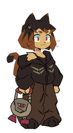 anthro black_hair bottomwear bra_strap brown_body brown_fur brown_hair clothing female fur hair oversized_bottomwear oversized_clothing oversized_pants pants paws purse solo tail doom_pidgeon gameoverse glitch_productions kaboodle_(gameoverse) kit_bodega domestic_cat felid feline felis mammal hi_res